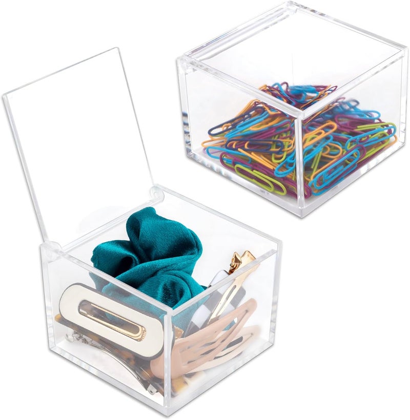Deoot 2 Pack Small Clear Acrylic Organizer with Lid for Paper Clips,Sticky Note,Qtip,Cotton Balls,Hair Ties Holder Acrylic Box for Home office Bathroom Desk Organizer - Image 1